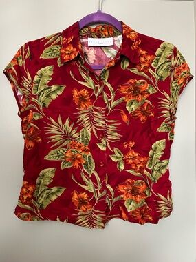 Vintage Hawaiian Tropical Floral Button-Up Cropped Top